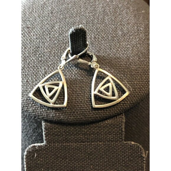 925 Sterling Silver Two Triangle Shape Dangle Drop Earrings - Picture 3 of 7